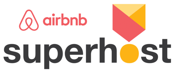 Airbnb Superhost logo with red Airbnb symbol and yellow geometric Superhost badge