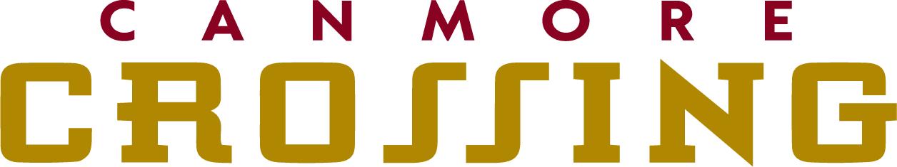 Canmore Crossing logo with red and gold uppercase text