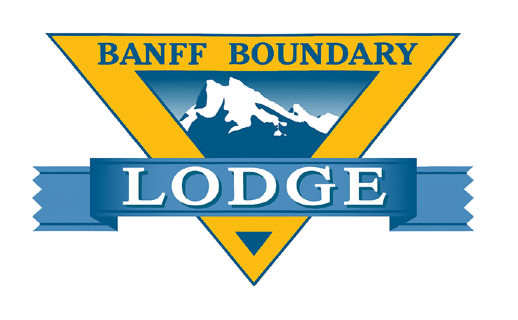 Banff Boundary Lodge logo with stylized mountain inside yellow and blue triangle.
