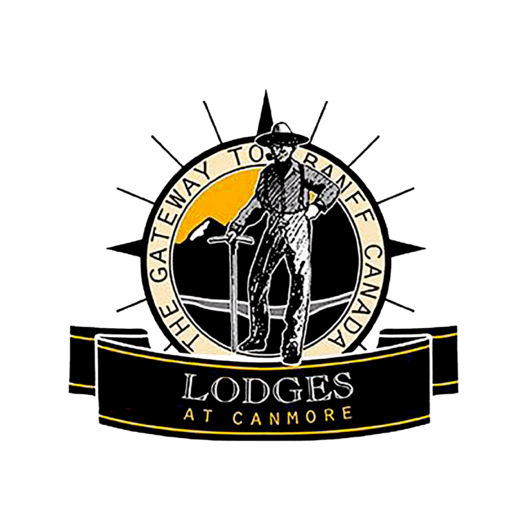 Lodges at Canmore logo featuring a prospector silhouette in front of a mountain sunrise with the text ‘The Gateway to Banff Canada’